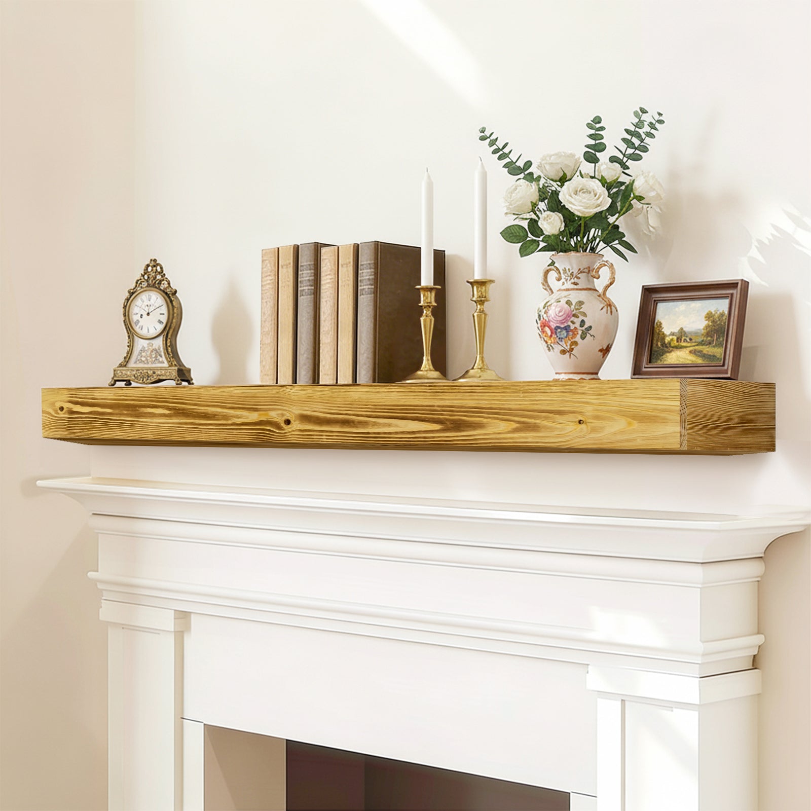 60' Fireplace Mantel, Rustic Fireplace Mantle Shelf with Invisible Brackets, Handcrafted Wood Floating Fireplace Mantel, Wall Mounted Fireplace Mantel Shelf for Living Room Decor, Wood Color - Grand Goldman Shop