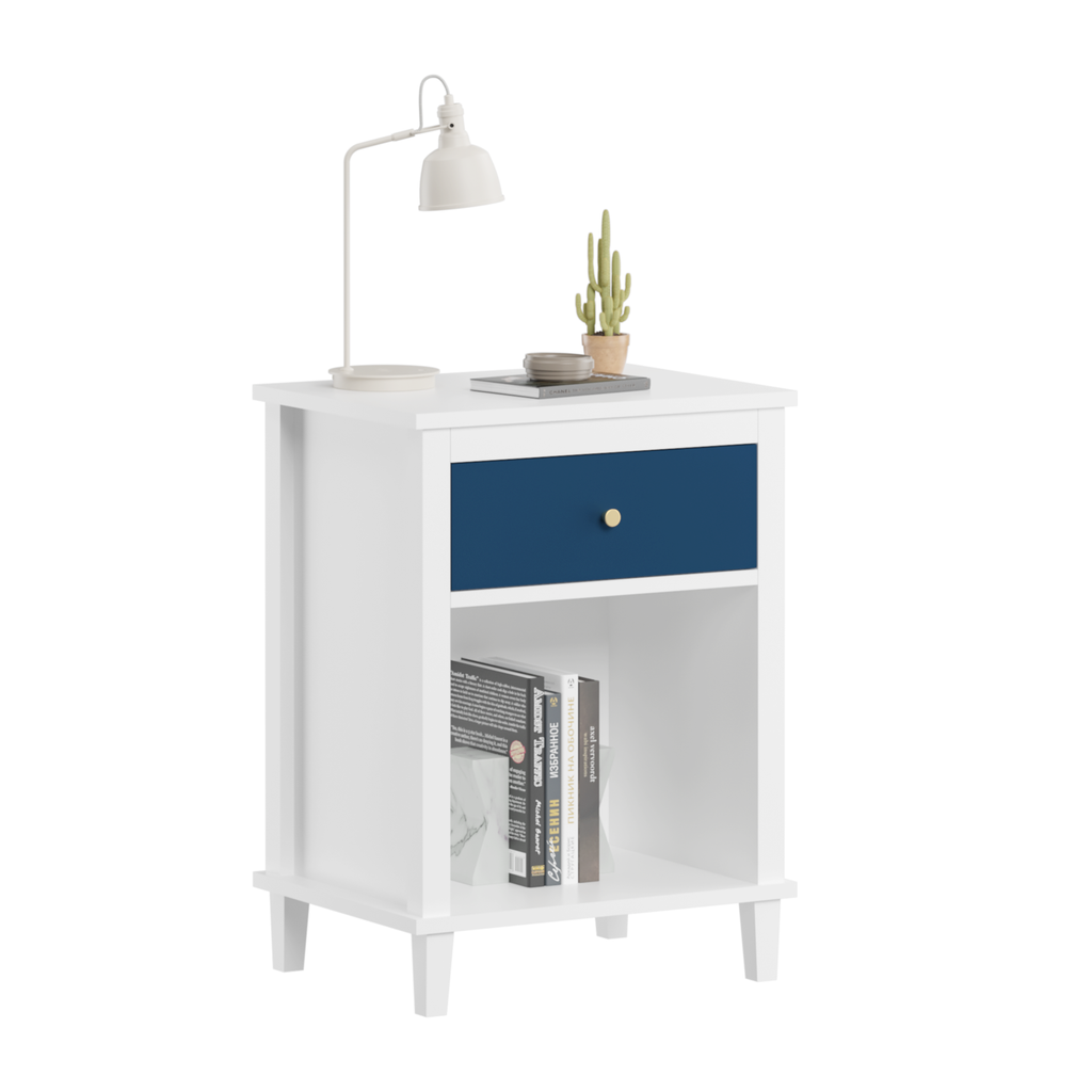 Navy+Golden Handle Wooden Nightstand with One Drawer One Shelf for Kids and Adults, White+Navy Finish, MDF Material, 26.77''H - Grand Goldman Shop