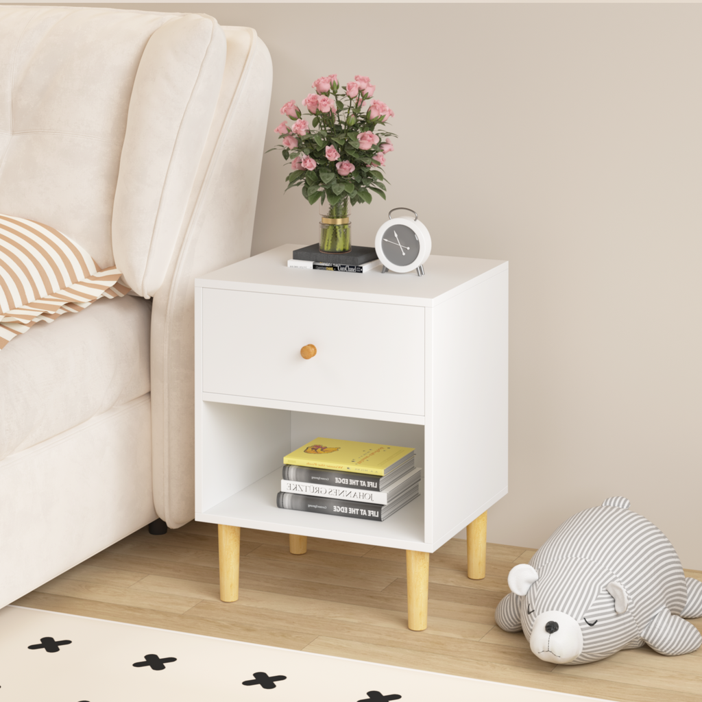 23.22''H White MDF Wooden Nightstand with One Drawer and One Shelf for Kids and Adults - Grand Goldman Shop