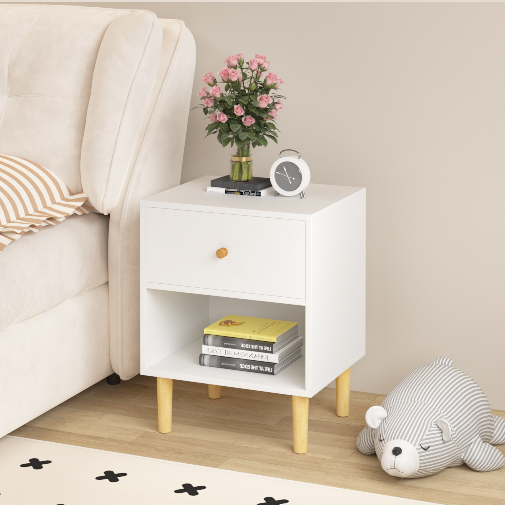 23.22''H White MDF Wooden Nightstand with One Drawer and One Shelf for Kids and Adults - Grand Goldman Shop