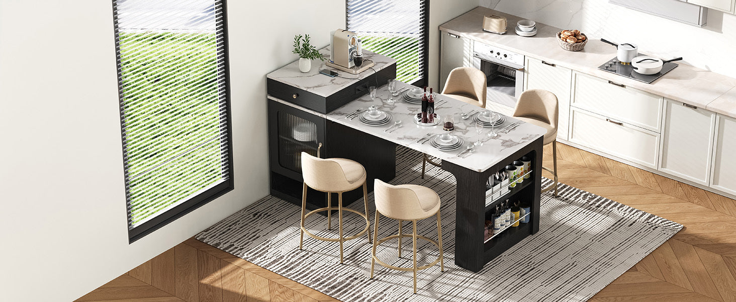 K&K 59.5' Kitchen Island with Extendable Dining Table, Kitchen Storage Table with Double-sided Storage, Kitchen Island with 2 Drawers, Power Outlet, Side Open Shelves, for Kitchen, Dining Room, Black - Grand Goldman Shop