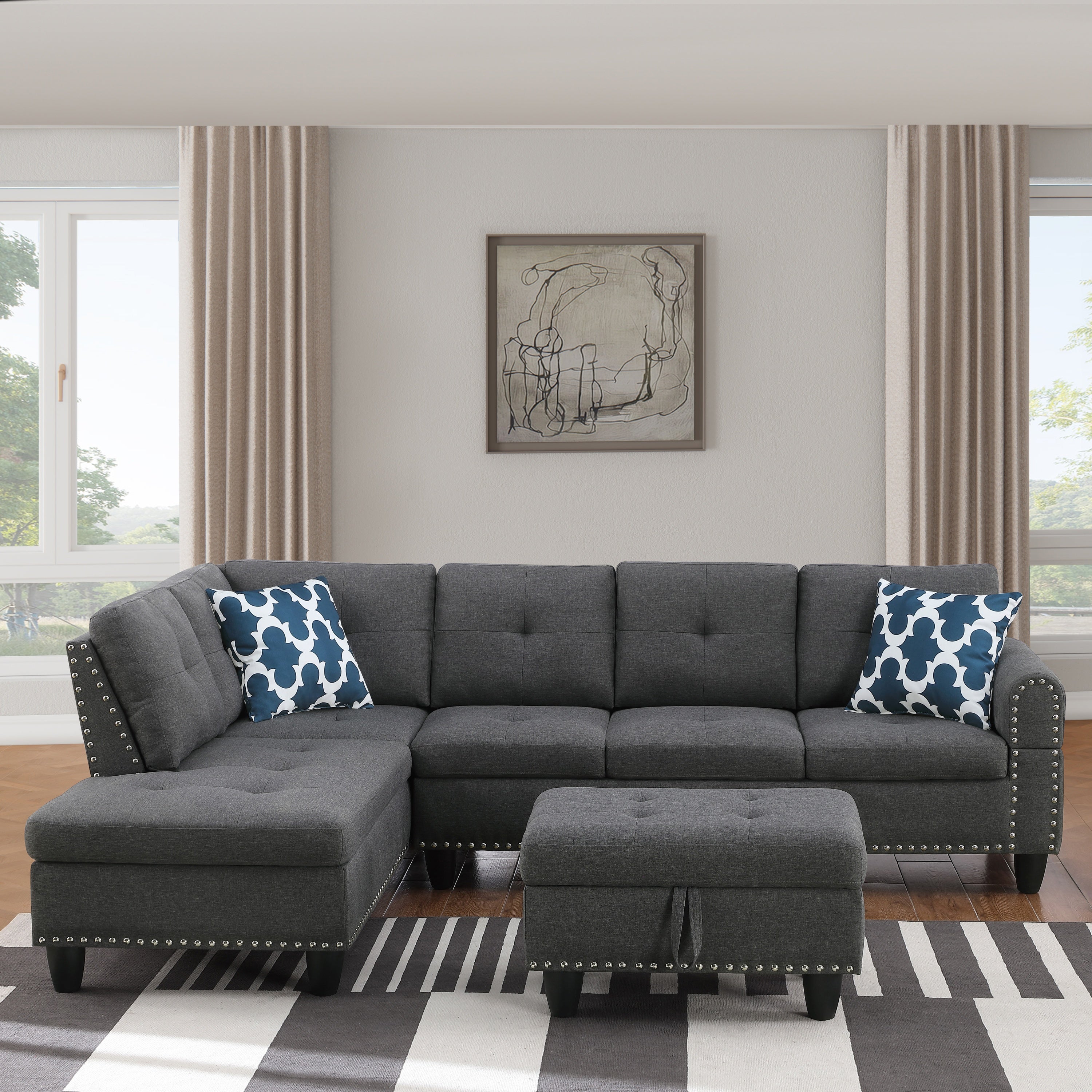 Alger Modern 98' Wide Left Hand Facing Sofa & Chaise with Ottoman in Dark Gray Linen - Grand Goldman Shop