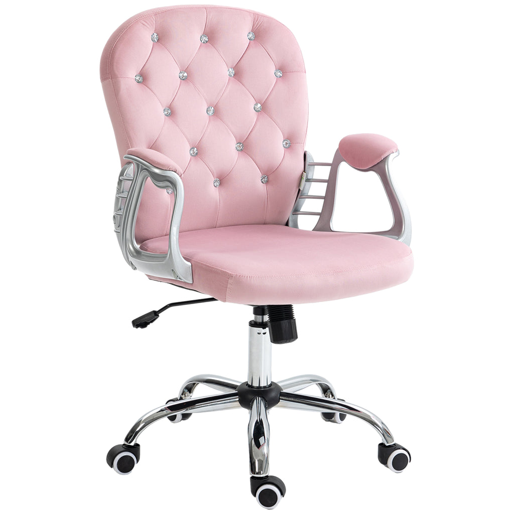 Vinsetto Velvet Home Office Chair, Button Tufted Desk Chair with Padded Armrests, Adjustable Height and Swivel Wheels, Pink -