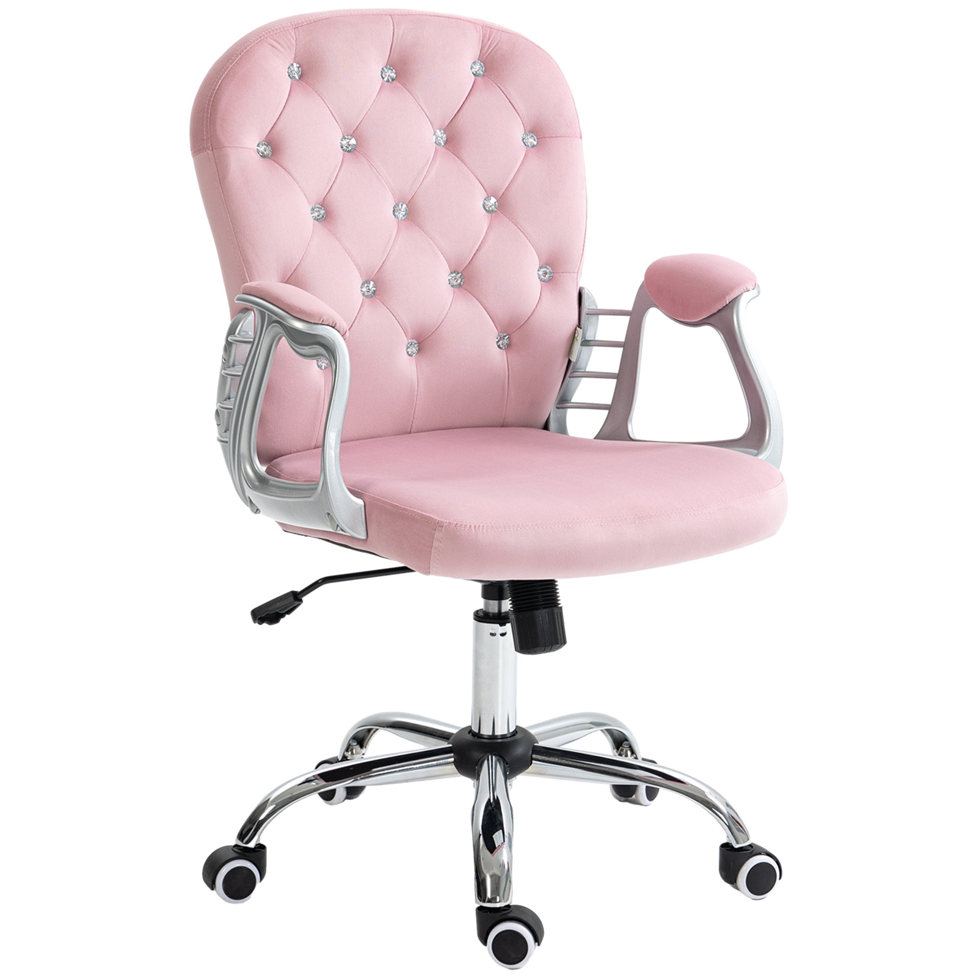 Vinsetto Velvet Home Office Chair, Button Tufted Desk Chair with Padded Armrests, Adjustable Height and Swivel Wheels, Pink -