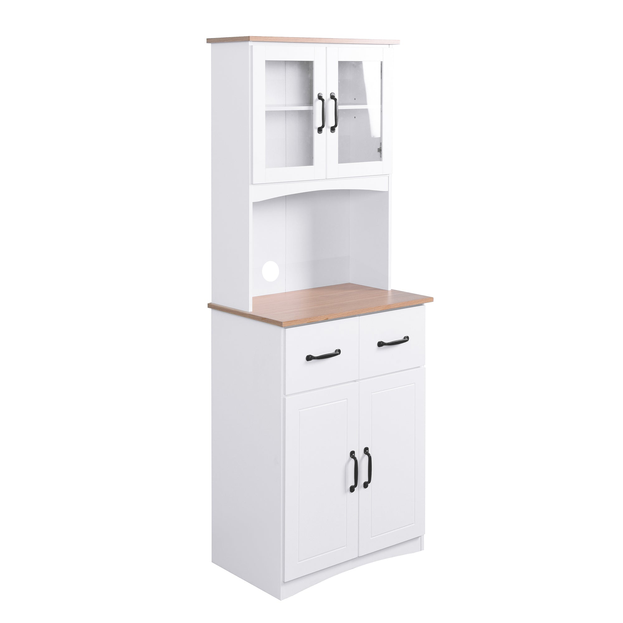 Wooden Kitchen Cabinet White Pantry Room Storage Microwave Cabinet with Framed Glass Doors and Drawer - Grand Goldman Shop