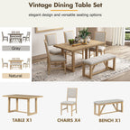 TREXM 6-Piece Retro Dining Table Set for 6, 60' Wood Kitchen Table and Chairs Set of 4 with Bench Designed Trestle Base for kitchen & Dining Room (Natural) - Grand Goldman Shop