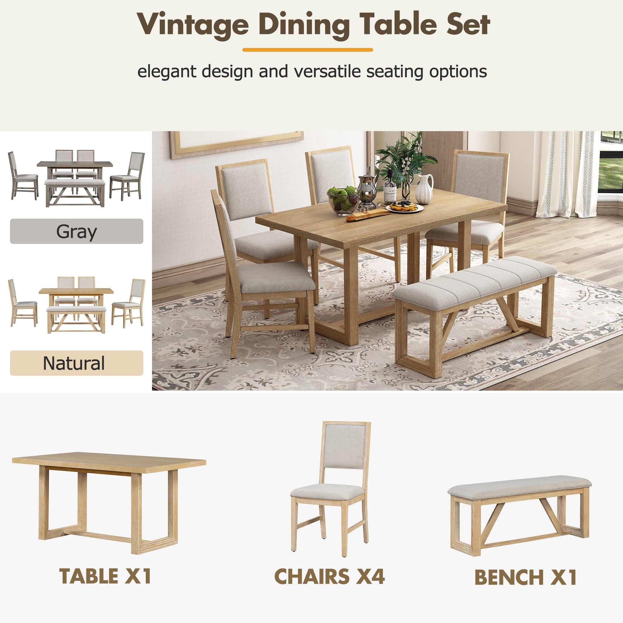 TREXM 6-Piece Retro Dining Table Set for 6, 60' Wood Kitchen Table and Chairs Set of 4 with Bench Designed Trestle Base for kitchen & Dining Room (Natural) - Grand Goldman Shop