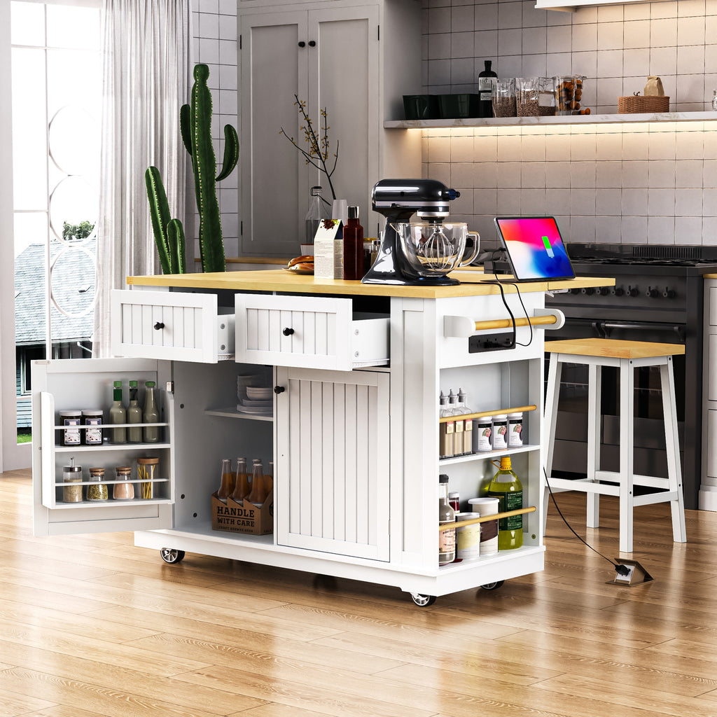 48 inch Kitchen Island with Drop Leaf,Power Outlet,Internal Storage Rack,Rolling Kitchen Storage Cart on 5 Wheels with 5 Open Side Racks for Kitchen,White (Old SKU N707P257057W)(Not Include Stools) - Grand Goldman Shop