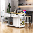 48 inch Kitchen Island with Drop Leaf,Power Outlet,Internal Storage Rack,Rolling Kitchen Storage Cart on 5 Wheels with 5 Open Side Racks for Kitchen,White (Old SKU N707P257057W)(Not Include Stools) - Grand Goldman Shop