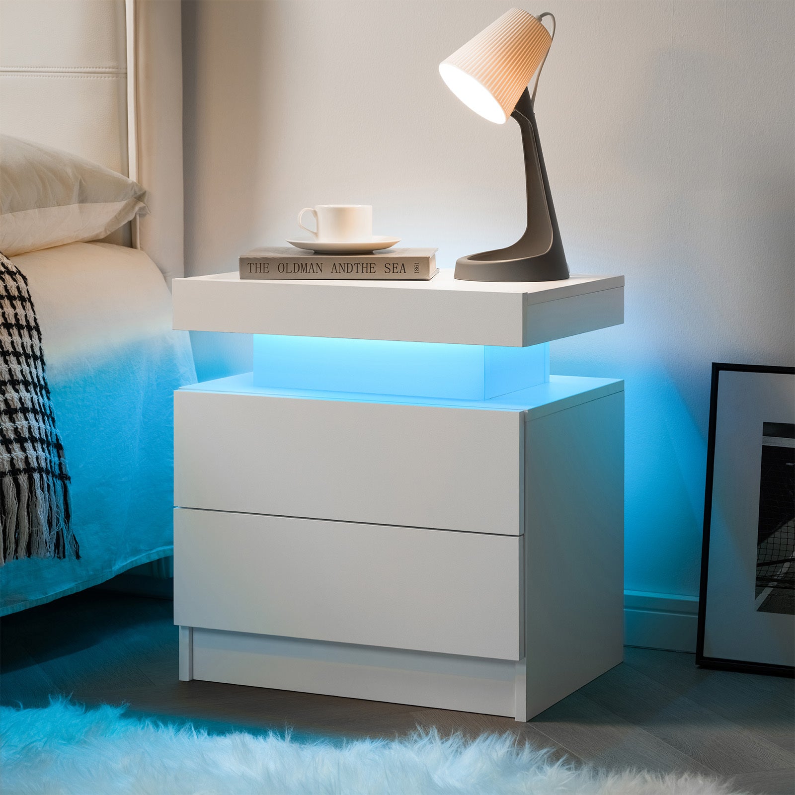 Modern LED Bedside Table Cabinet with Adjustable Lights and 2 Drawers, White, Engineered Wood, 19.30 x 13.70 x 20.50 inches - Grand Goldman Shop