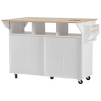 K&K 55.5' Fluted Kitchen Island with 2 Drop Leaf, Kitchen Storage Cart with Power Outlet, 4 Doors, Spice rack, Rolling Island Table with Wood-grain Top, Curved Edge for Kitchen, Dining Room,White - Grand Goldman Shop