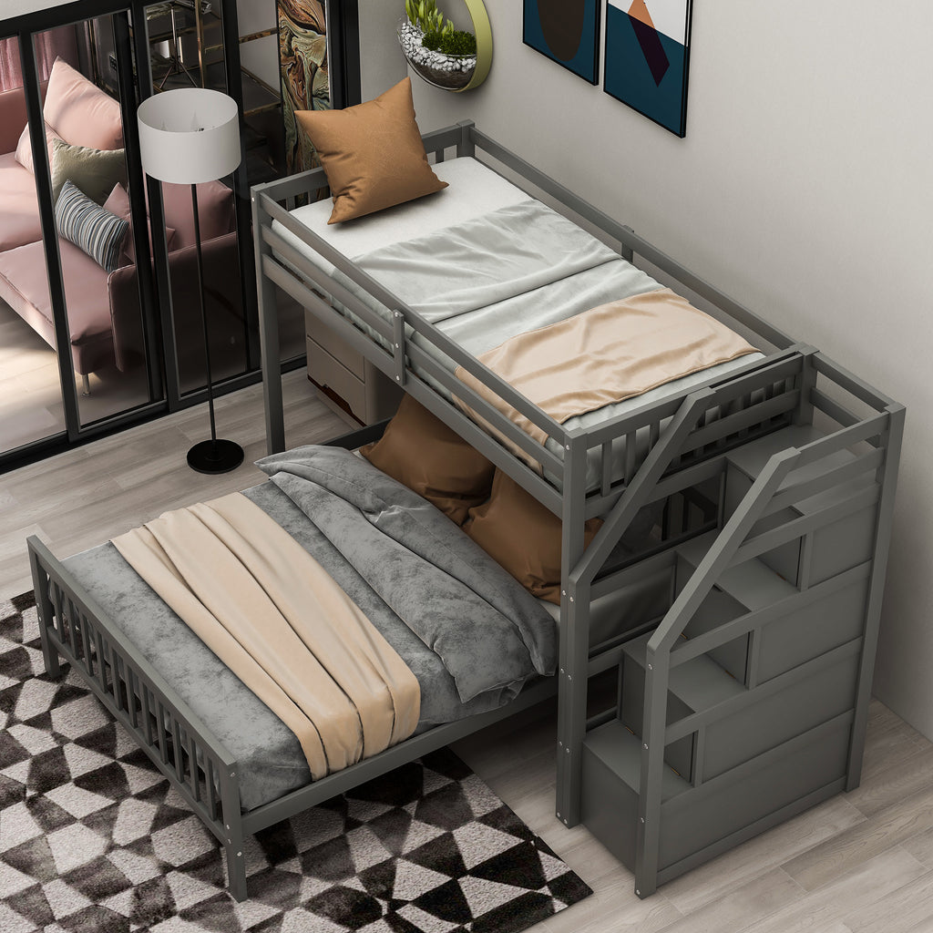 Gray Twin over Full Loft Bed with Staircase and Storage, Pine Wood and MDF, 97.2''L x 78.4''W x 61.4''H - Grand Goldman Shop