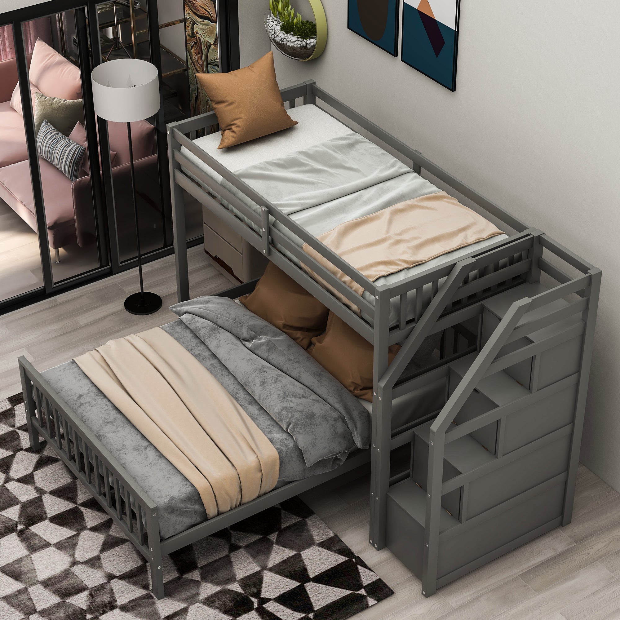 Gray Twin over Full Loft Bed with Staircase and Storage, Pine Wood and MDF, 97.2''L x 78.4''W x 61.4''H - Grand Goldman Shop