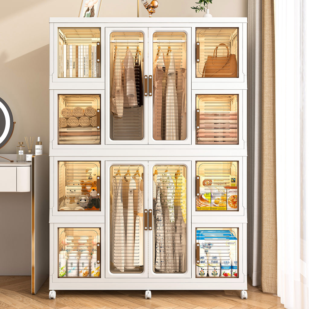 Portable Wardrobe Closet Storage Organizer for Clothes with Magnetic Doors, 12 Cubes & 2 Hanging Rods, White - Grand Goldman Shop