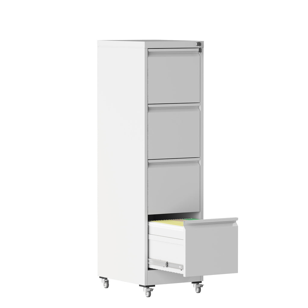 4 Drawer Metal Locking Vertical File Cabinet with Wheels - Heavy-Duty Lockable Storage for Home & Office, Black and White, 17