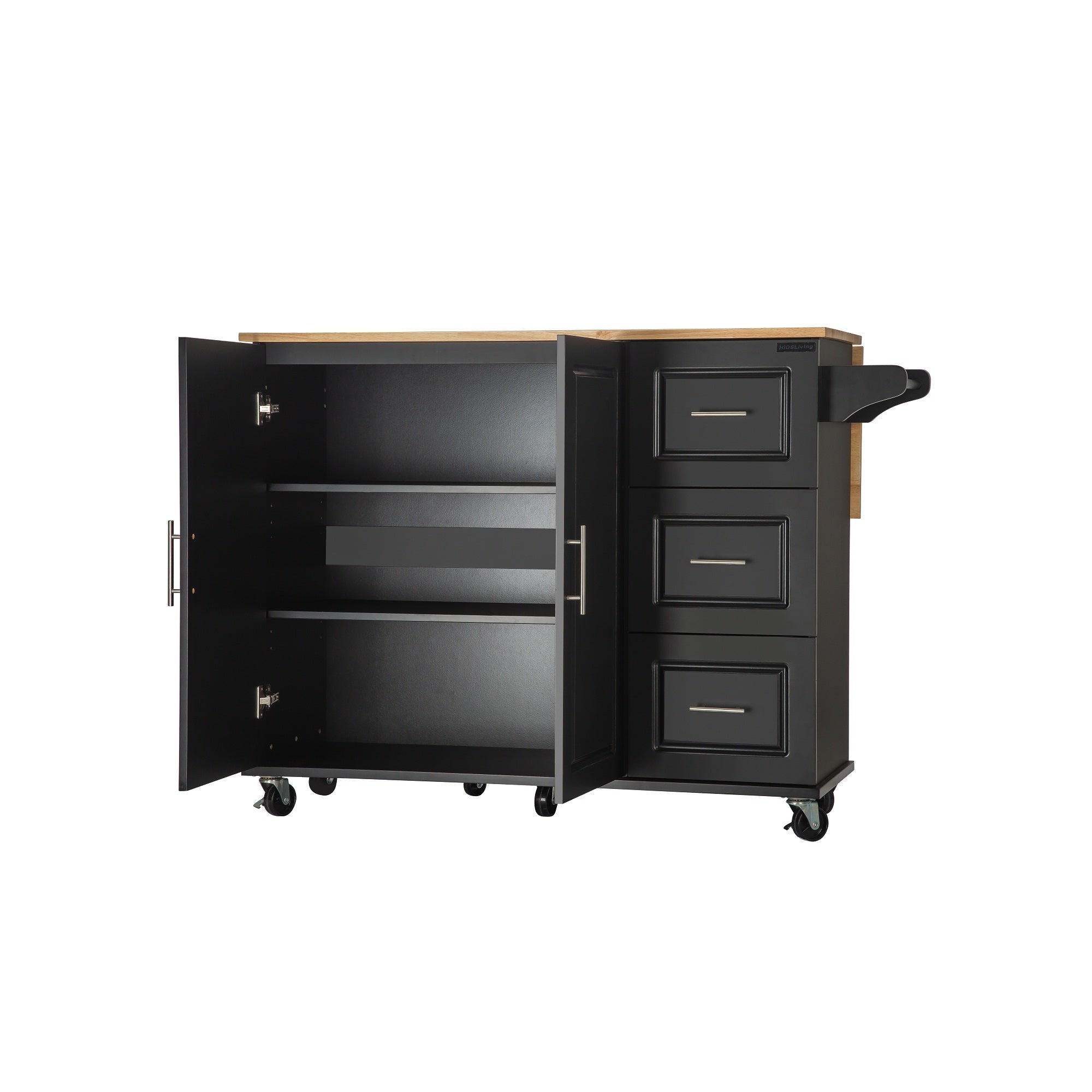 Kitchen Island & Kitchen Cart, Mobile Kitehcn Island with Extensible Rubber Wood Table Top,adjustable Shelf Inside Cabinet for Different Utensils, 3 Big Drawers, with Spice Rack, Towel Rack, Black-Bee - Grand Goldman Shop