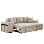 Modern L-Shape 3 Seat Reversible Sectional Couch with Pull Out Sleeper, Storage Chaise & 2 Stools, Cream, Linen Chenille - Grand Goldman Shop