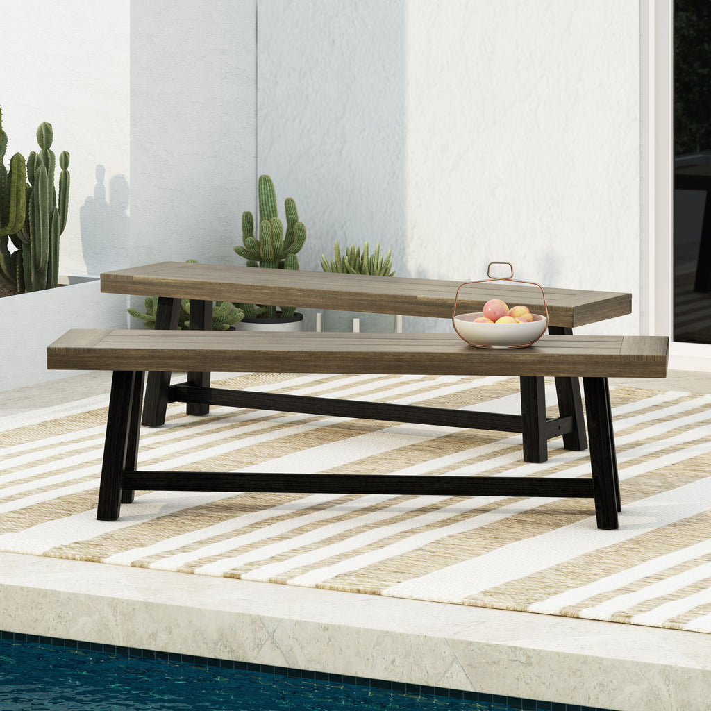 Cloud Outdoor Bench with Acacia Wood Frame and Slat Panel Design, Set of 2,Sandblast Grey and Black - Grand Goldman Shop