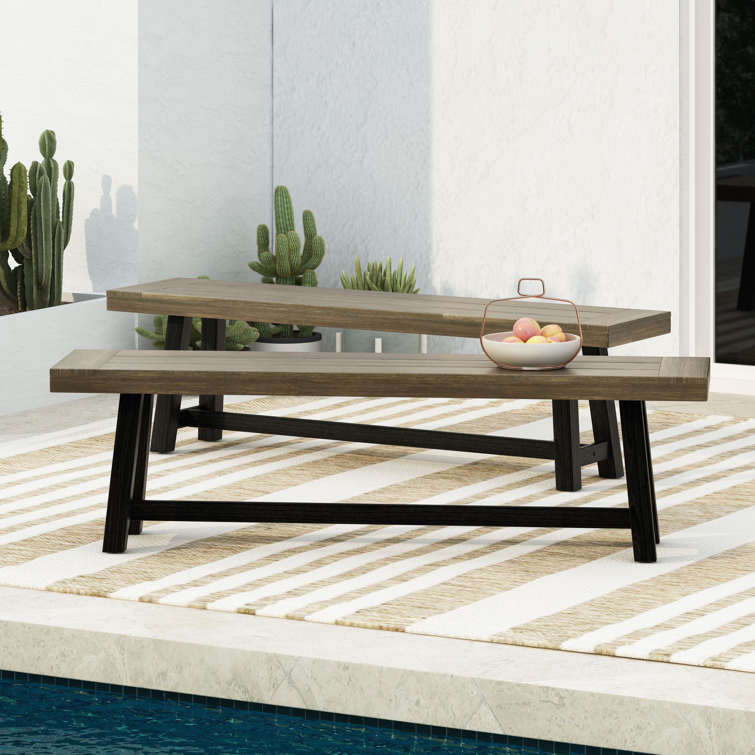 Cloud Outdoor Bench with Acacia Wood Frame and Slat Panel Design, Set of 2,Sandblast Grey and Black - Grand Goldman Shop