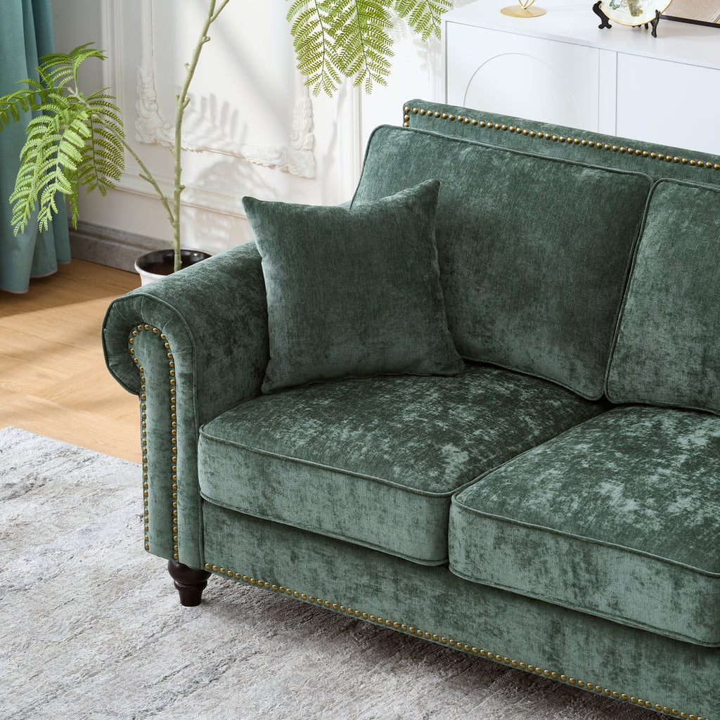 Modern 2-Seater Sofa with Rolled Arms, Tufted Upholstery, Wood Legs, Nailhead Trim, Beige Fabric, 63' - Grand Goldman Shop
