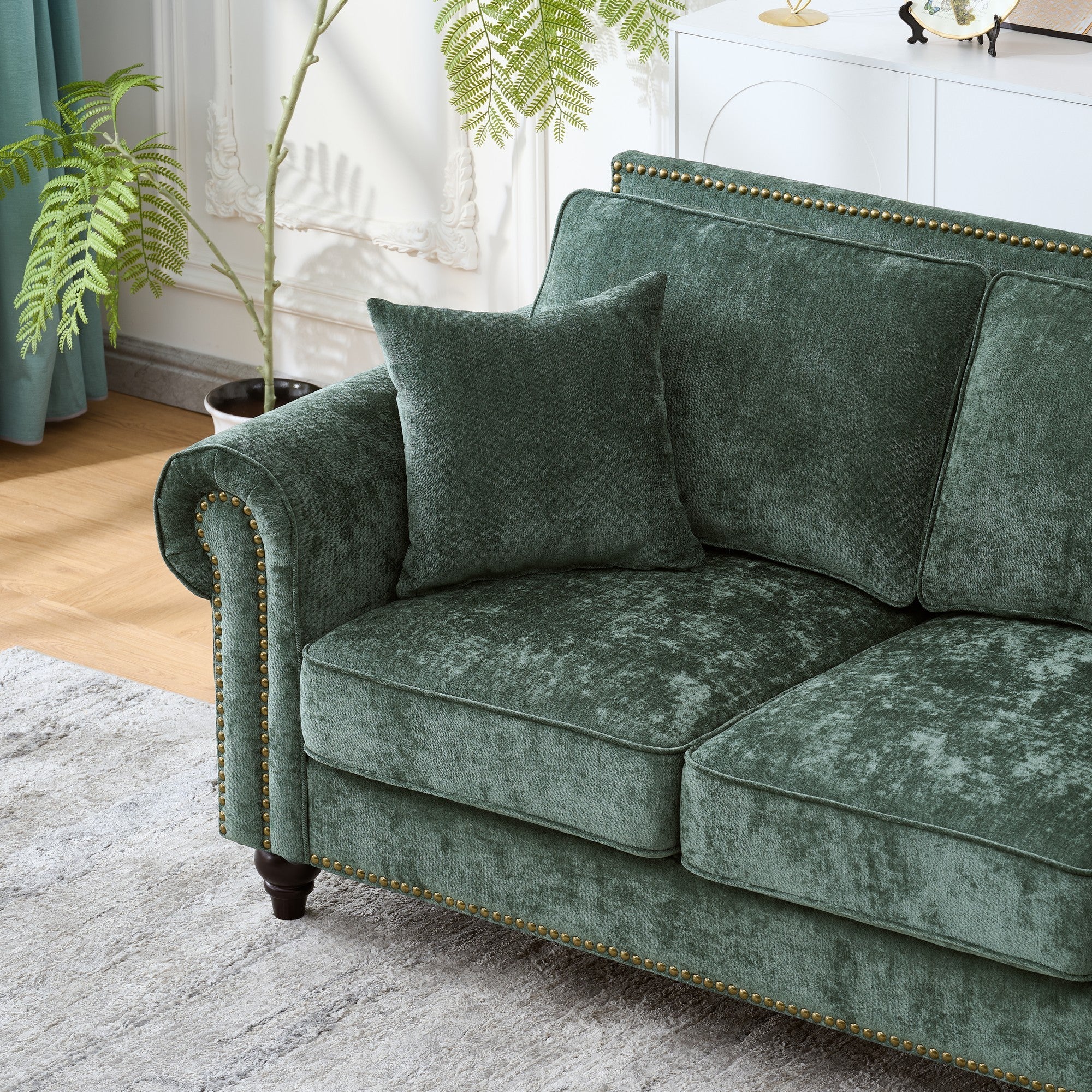 Modern 2-Seater Sofa with Rolled Arms, Tufted Upholstery, Wood Legs, Nailhead Trim, Beige Fabric, 63' - Grand Goldman Shop