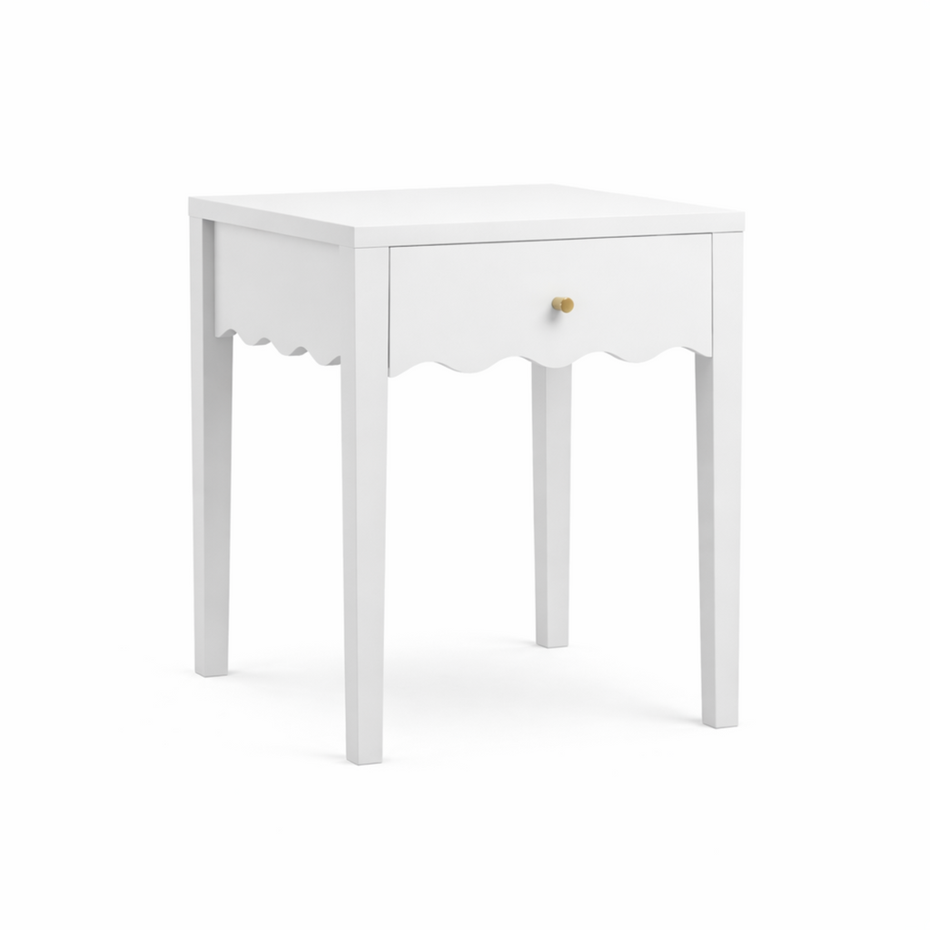 White Nightstand with Drawer, Modern Bedside Table with Wavy Apron Design, Compact End Table for Bedroom Living Room, Small Side Table with Storage - Grand Goldman Shop