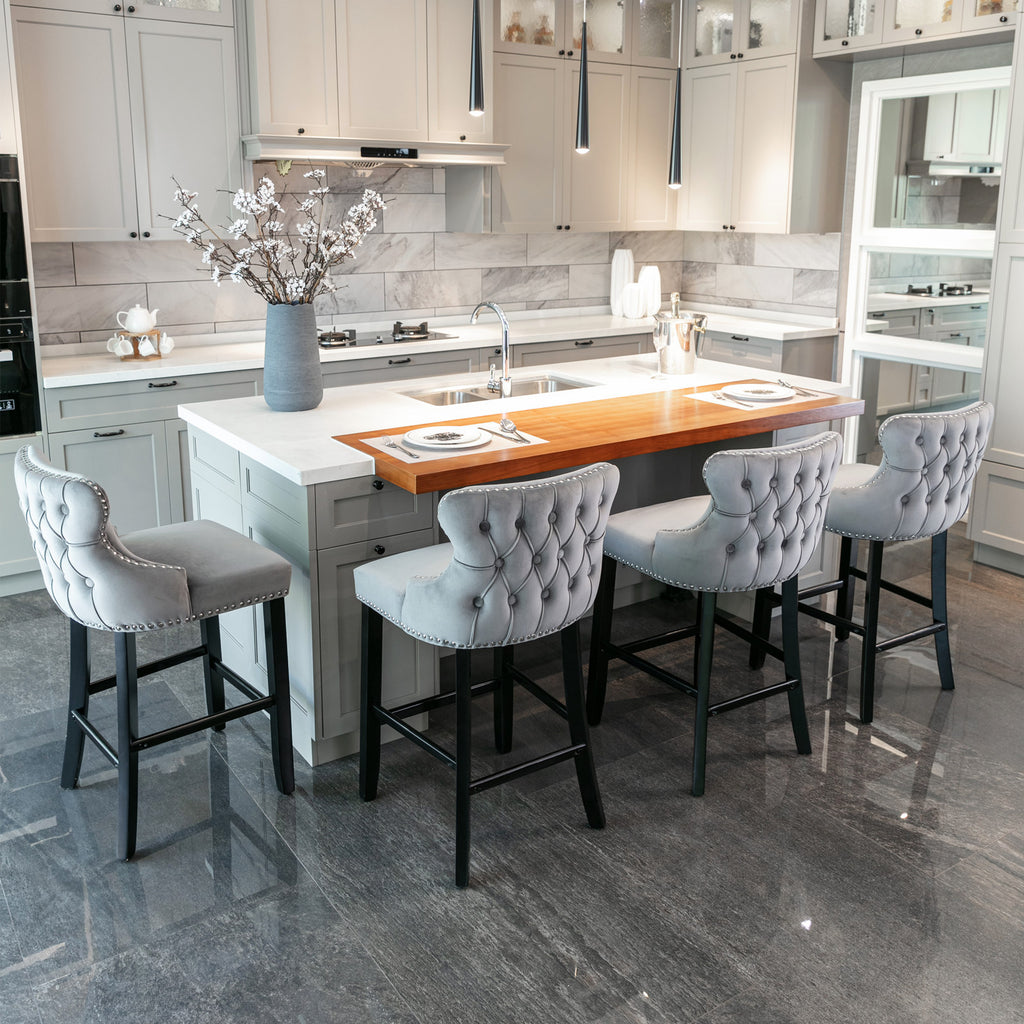 A&A Furniture,Contemporary Velvet Upholstered Wing-Back Barstools with Button Tufted Decoration and Wooden Legs, and Chrome Nailhead Trim, Leisure Style Bar Chairs,Bar stools, Set of 2 (Gray),SW1824GY - Grand Goldman Shop