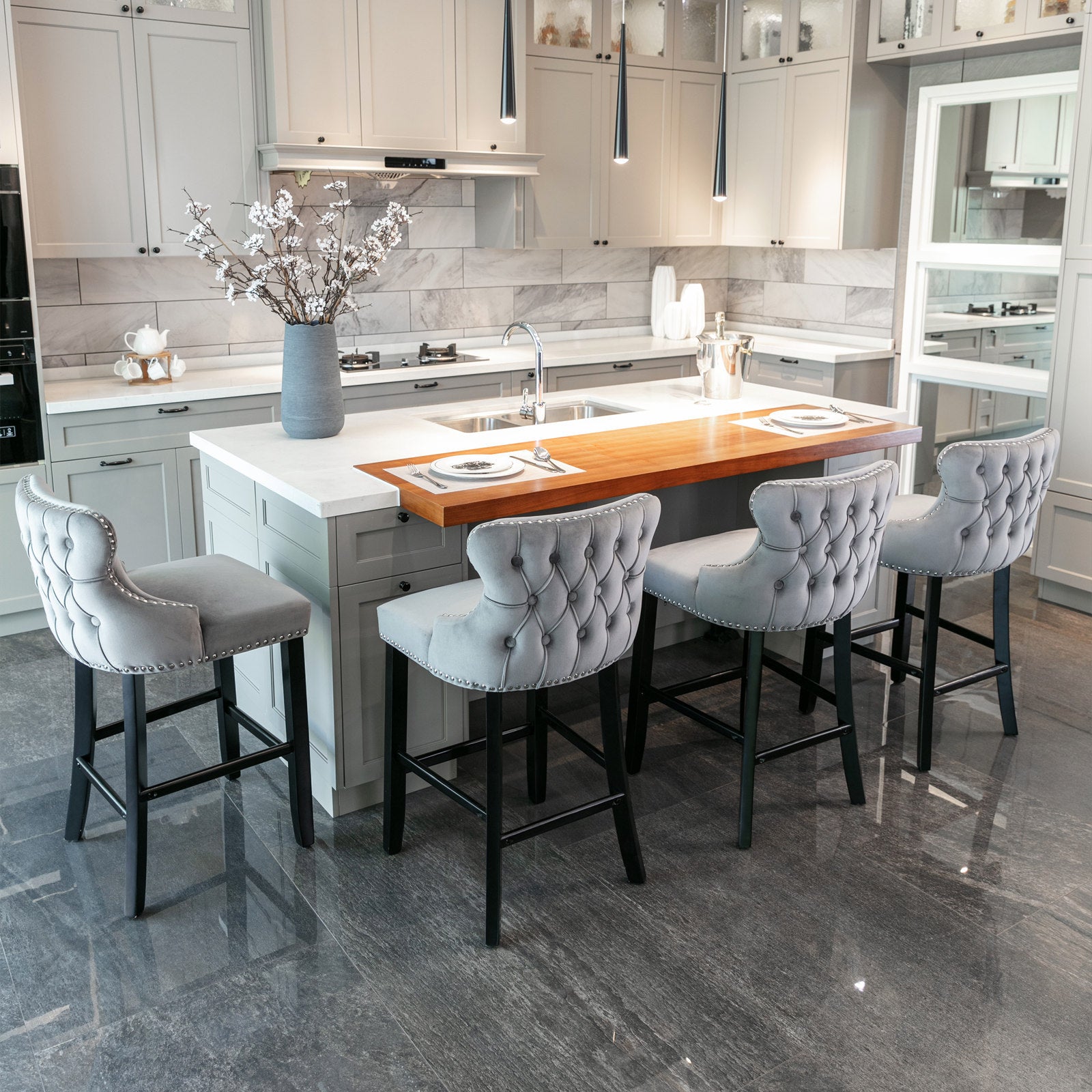 A&A Furniture,Contemporary Velvet Upholstered Wing-Back Barstools with Button Tufted Decoration and Wooden Legs, and Chrome Nailhead Trim, Leisure Style Bar Chairs,Bar stools, Set of 2 (Gray),SW1824GY - Grand Goldman Shop