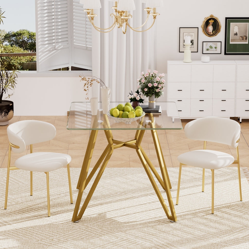 Modern Gold Glass Dining Table with Metal Legs for 2-4 People, 35.4-Inch Square - Grand Goldman Shop