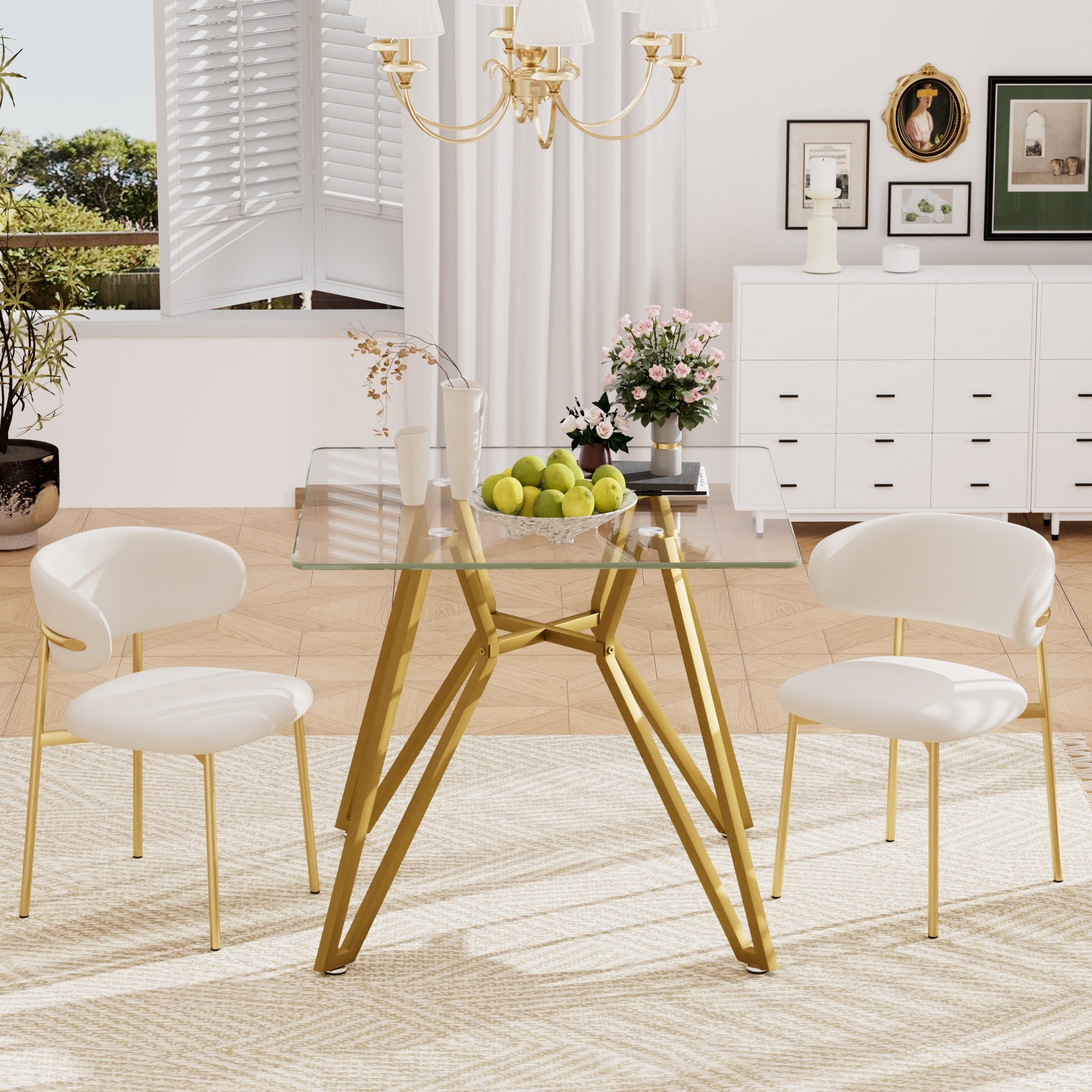 Modern Gold Glass Dining Table with Metal Legs for 2-4 People, 35.4-Inch Square - Grand Goldman Shop