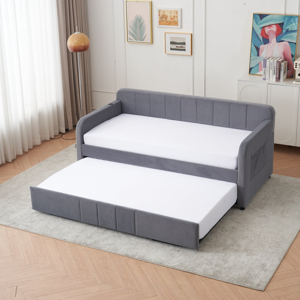 Twin Upholstered Daybed Frame with Trundle, Twin Size Sofa Bed for Bedroom Living Room Guest Room, Wood Slat Support,Grey - Grand Goldman Shop