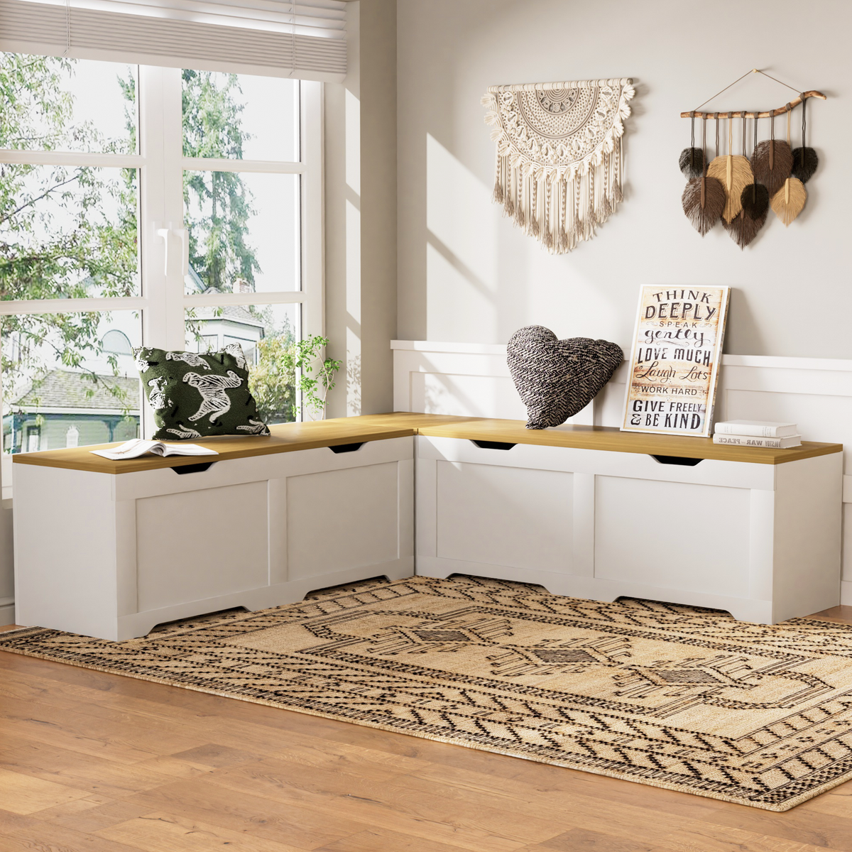3-Piece L-Shaped Multi-Functional Storage Bench with Cushion, serving as a kitchen corner bench, toy storage box, or reading nook seat., White and Natural, 63'D x 63'W x 19.1'H - Grand Goldman Shop
