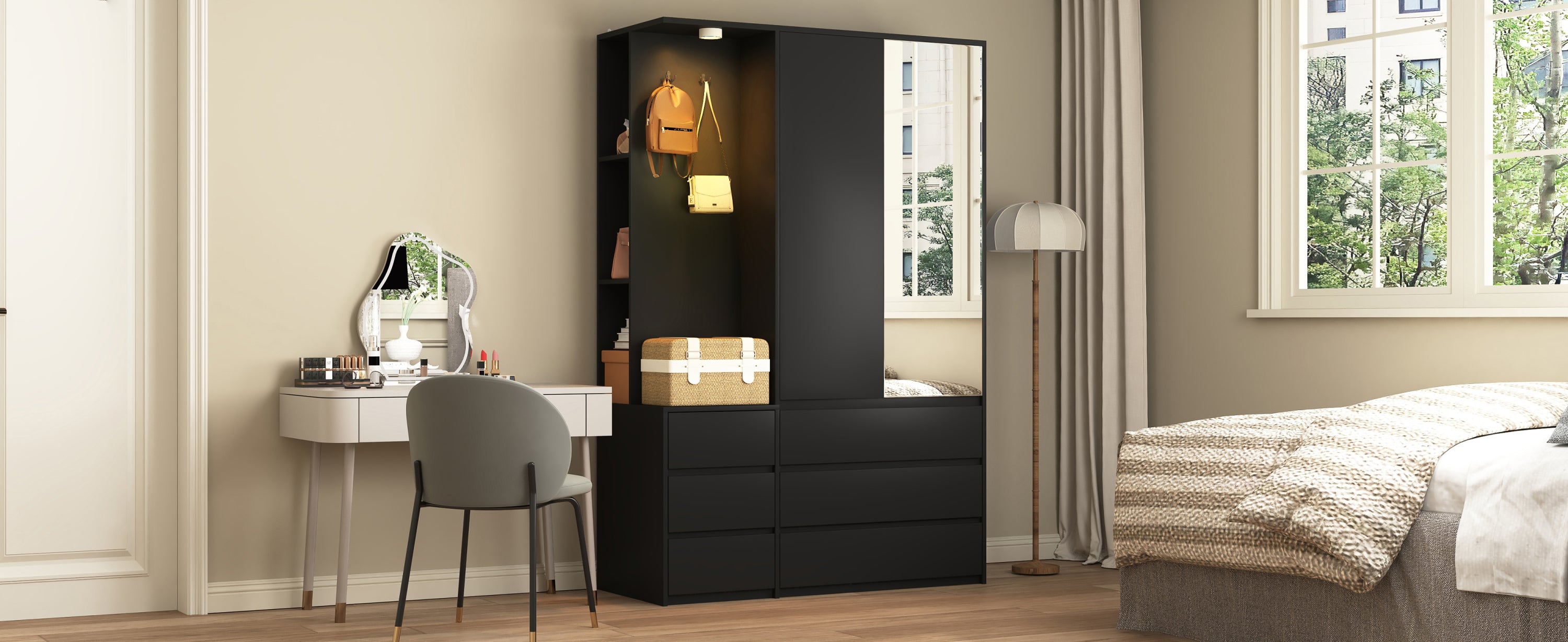 Wardrobe Closet 71.7' H, Bedroom Wooden Wardrobe with 2 Doors 6 Drawers, Modern Clothing Storage Cabinet Combination with Storage Shelves and Hanging Rail, Black - Grand Goldman Shop