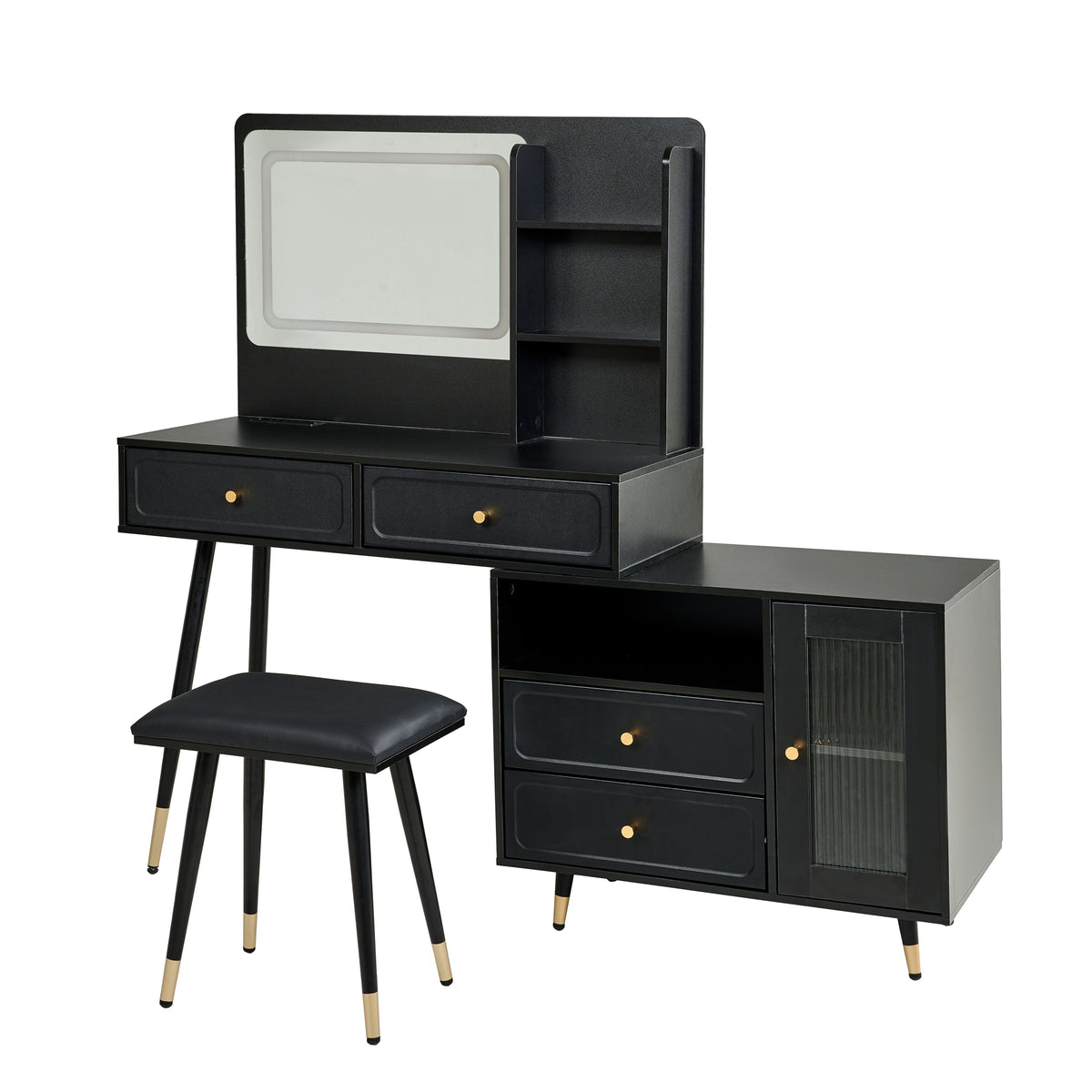 Modern Makeup Vanity Desk with Mirror and Lights, Retractable Design, Black Engineered Wood, 58.50 x 15.80 x 52.30 inches - Grand Goldman Shop
