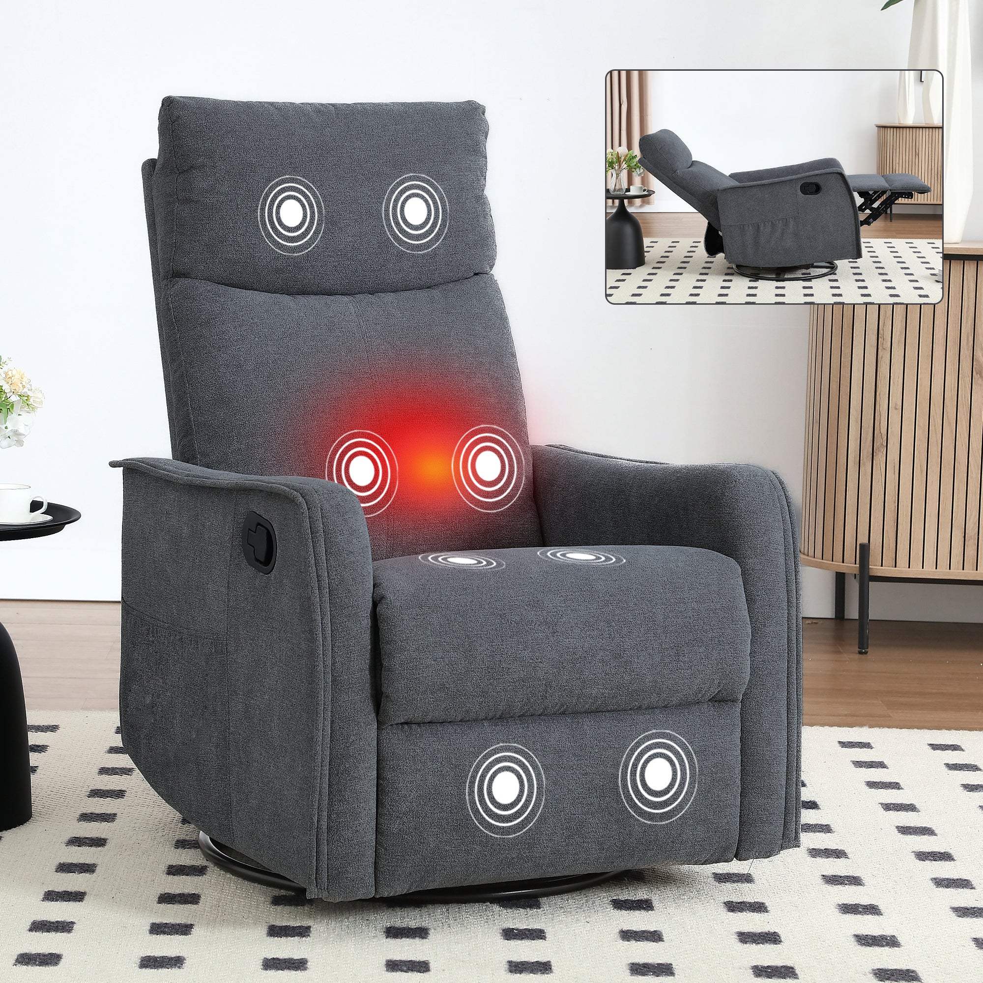 Heat Massage Manual Recliner Chair with Rocker and Swivel in Fabric for Living Room, Grey - Grand Goldman Shop