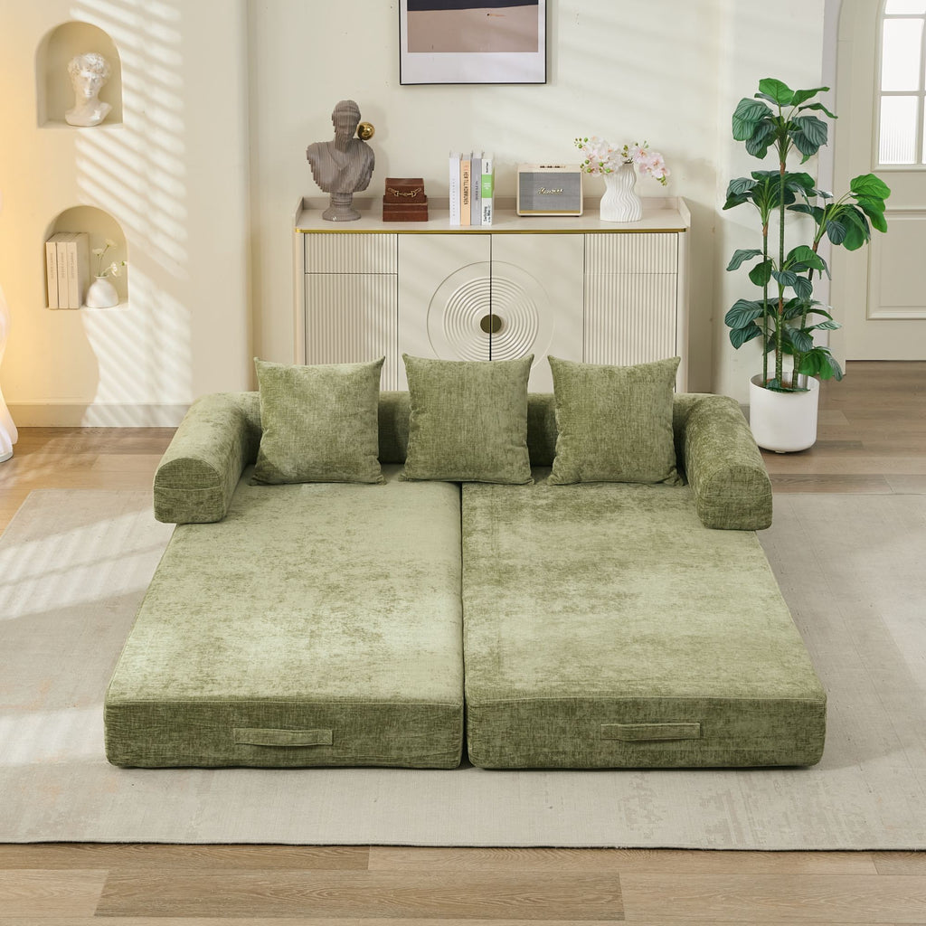 Comfy Convertible Folding Mattress Couch, Floor Sofa Bed, Chenille Floor Sofa with Armrest, Floor Sofa Lounge Couch for Living Room Bedroom Lounge Studio-Green - Grand Goldman Shop