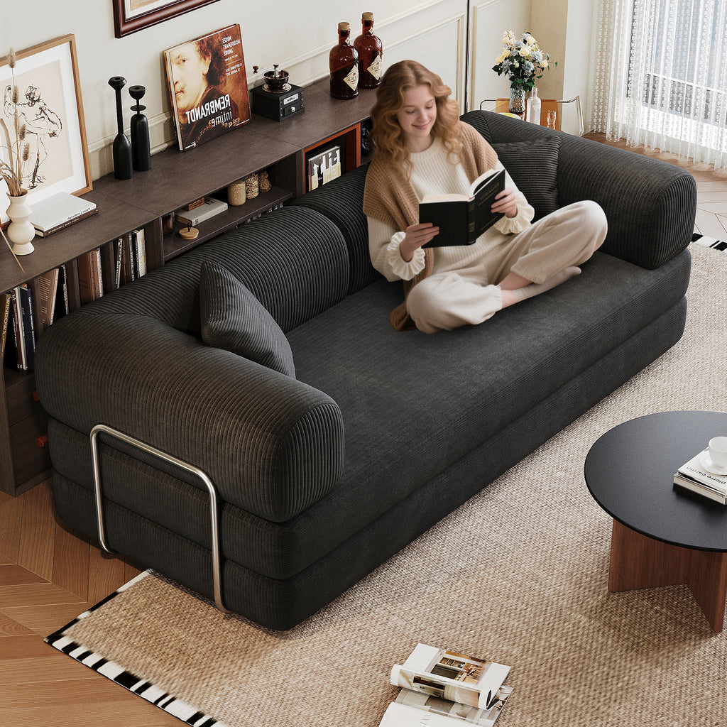 78.8' Compression Sofa,Convertible Floor Sofa Bed-with Pillow Back Support Armrest,Comfy Futon Couch Sleeper Bed,Loveseats Boneless Modular Sectional Sofa,Corduroy fabric,for Living Room,Bedroom,Black - Grand Goldman Shop