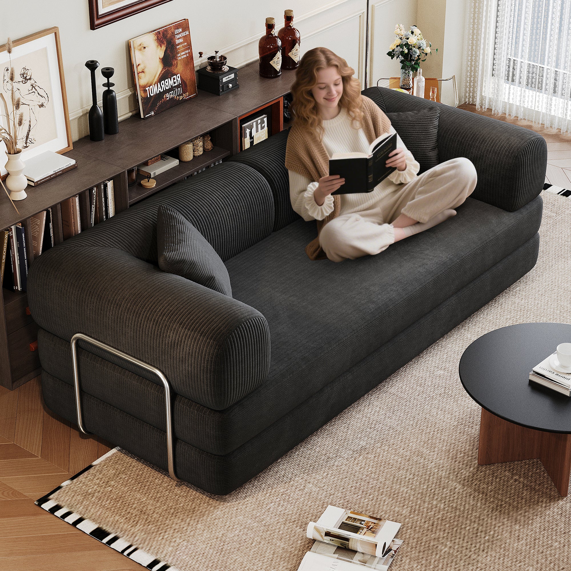 78.8' Compression Sofa,Convertible Floor Sofa Bed-with Pillow Back Support Armrest,Comfy Futon Couch Sleeper Bed,Loveseats Boneless Modular Sectional Sofa,Corduroy fabric,for Living Room,Bedroom,Black - Grand Goldman Shop