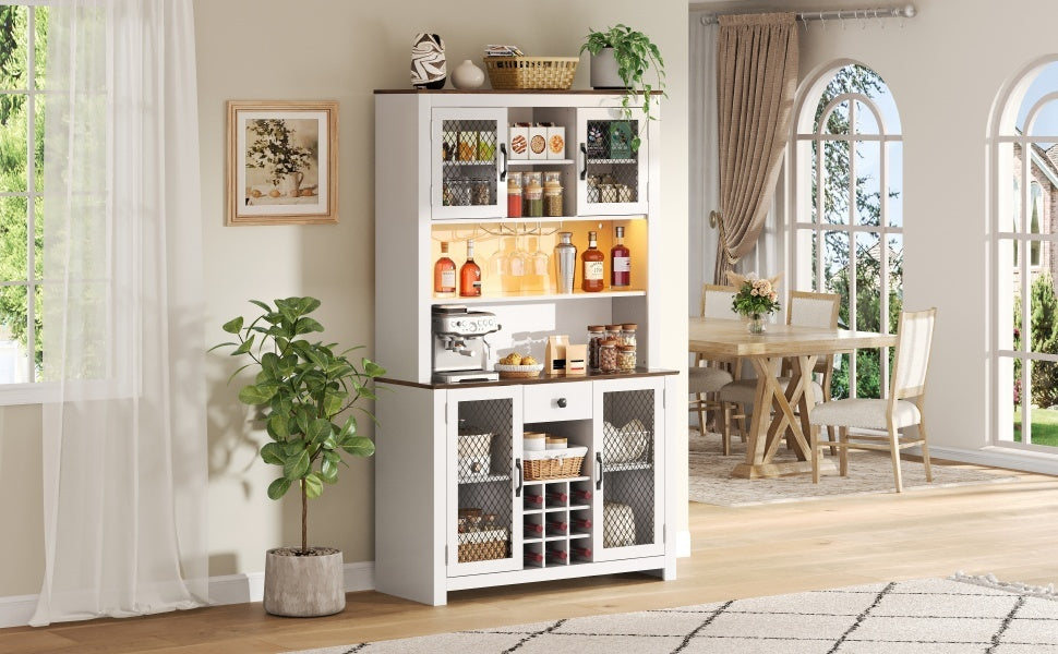 70.9' Kitchen Pantry Storage Cabinet Rustic Buffet Cabinet, Kitchen Hutch Cabinet with LED Outlets Food Pantry Cabinet with Doors and Shelves Wine Rack for Dining Room, White - Grand Goldman Shop