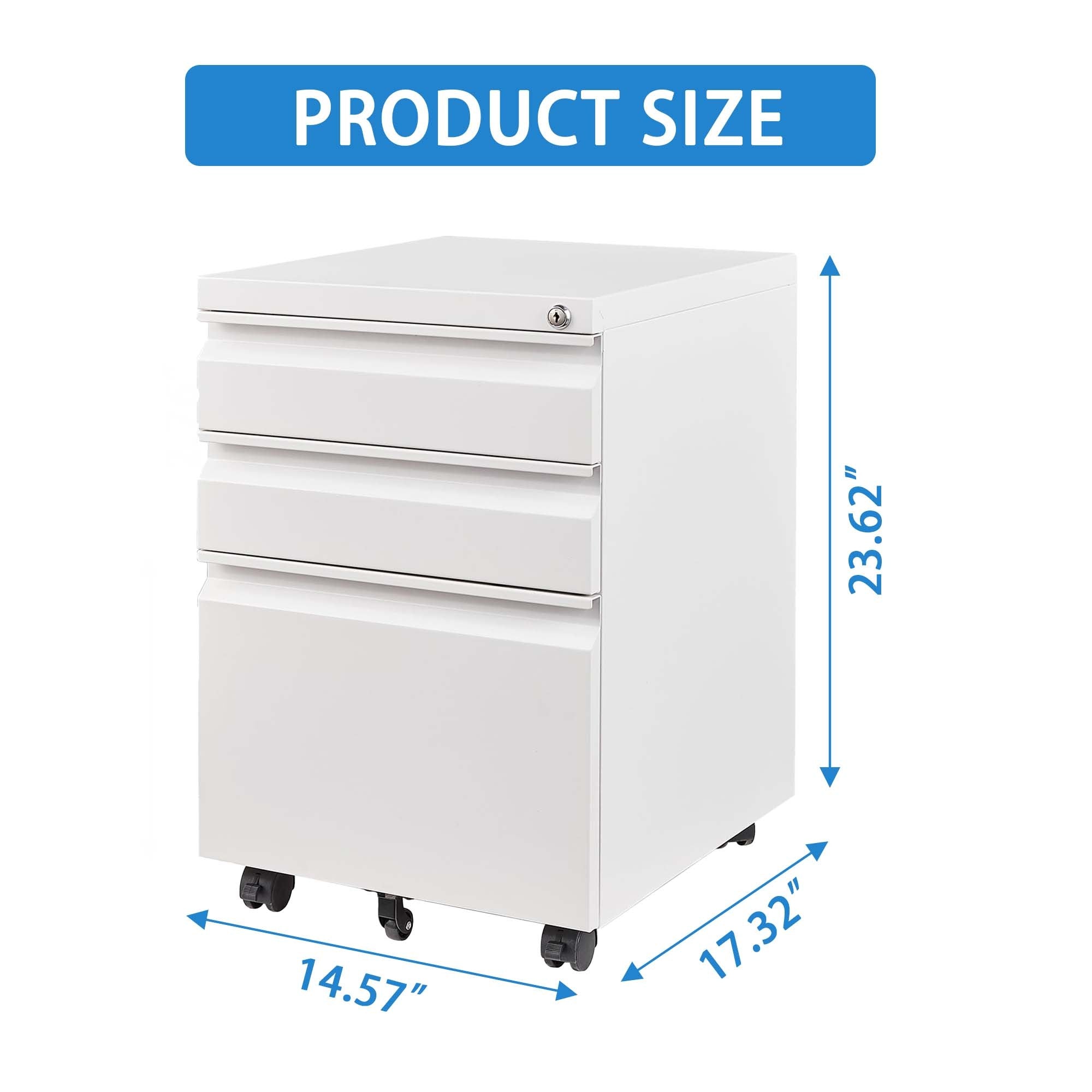 White Mobile 3-Drawer File Cabinet with Lock, Metal Organizer for Home Office, Fully Assembled - Grand Goldman