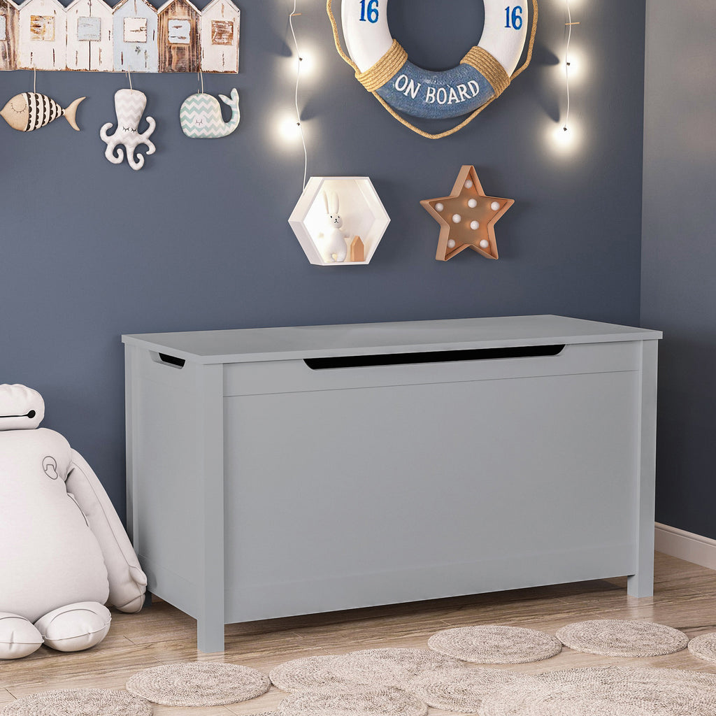 Kids Wooden Toy Box Storage with Safety Hinged Lid for Ages 2+ (Gray) | Premium Home Decor - Grand Goldman