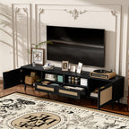 Modern Farmhouse Rattan TV Stand for TVs up to 85'', Black MDF and Solid Wood Media Console with Cable Management, 78.74'' L x 14.6'' W x 18.9'' H - Grand Goldman Shop