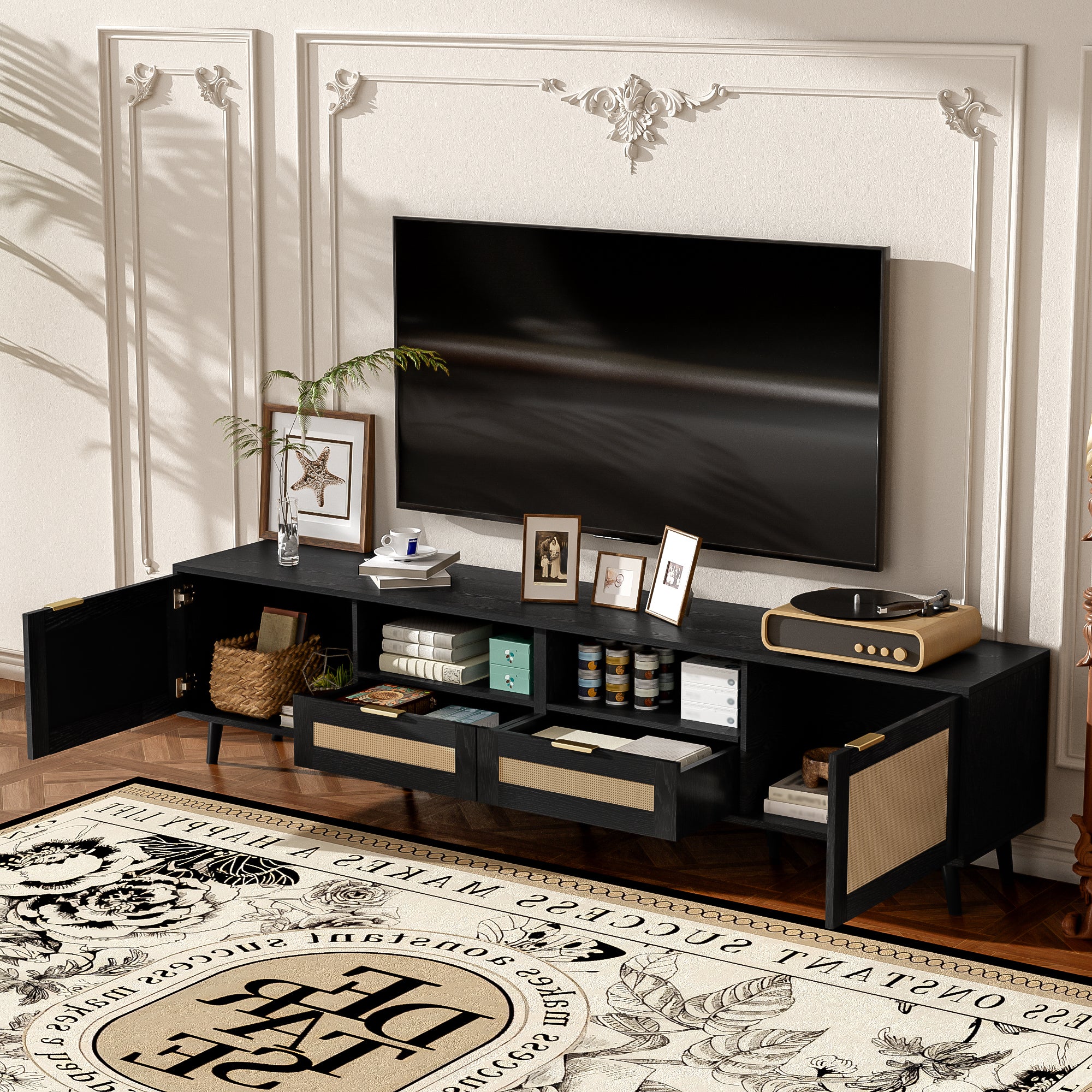 Modern Farmhouse Rattan TV Stand for TVs up to 85'', Black MDF and Solid Wood Media Console with Cable Management, 78.74'' L x 14.6'' W x 18.9'' H - Grand Goldman Shop