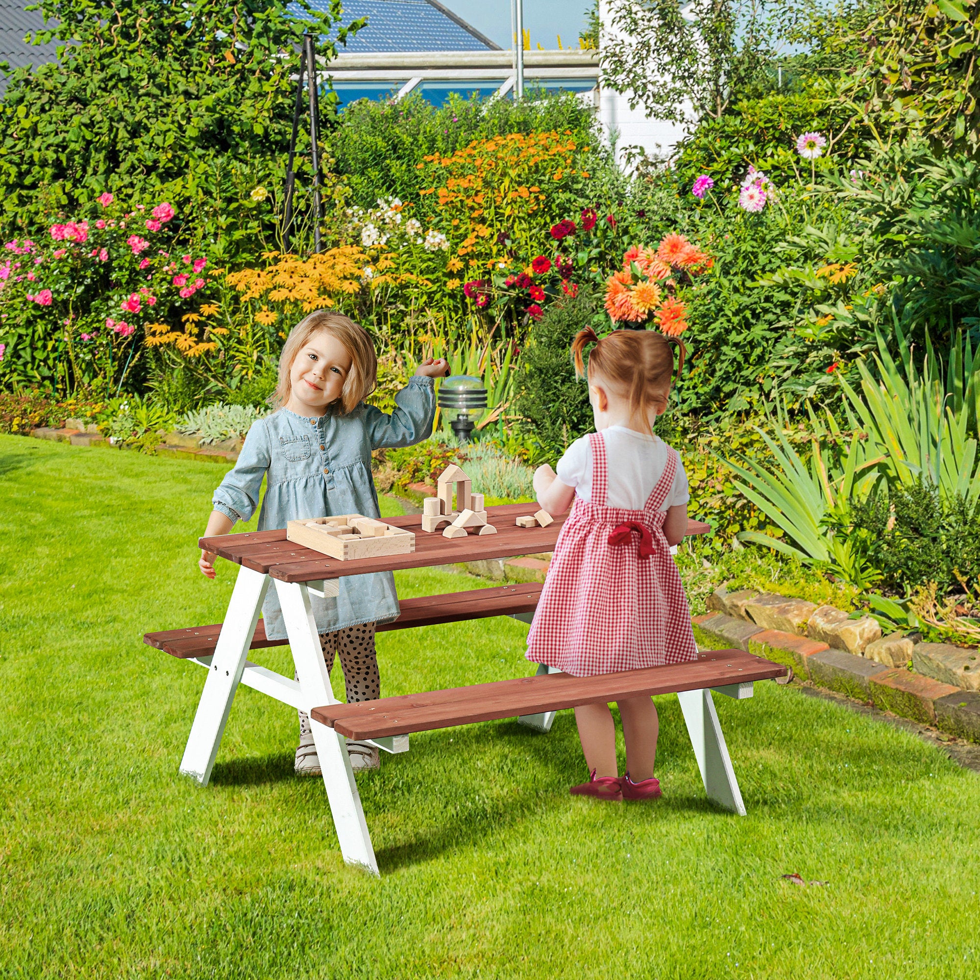 Outsunny Kids Picnic Table Set, Wooden Table & Bench Set, Kids Patio Furniture Outdoor Toys for Garden, Backyard, Aged 3-8 Ye