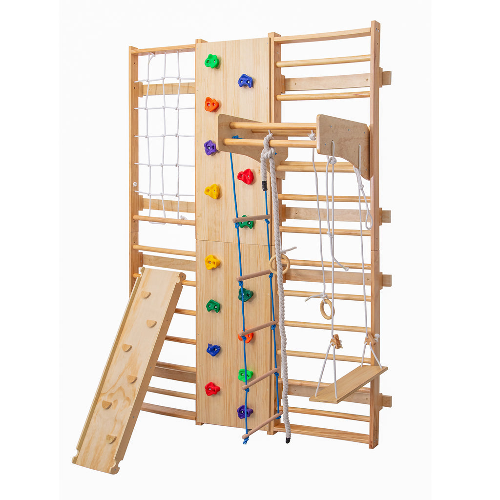 All-in-One 10-in-1 Indoor Climbing Set - Featuring a Rock Climbing Wall, Wooden Swings, Gymnastic Rings, Rope Ladders, and St