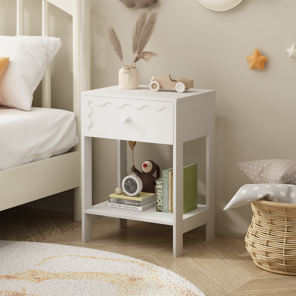 White Nightstand with Drawer and Open Shelf, Modern Wave Pattern Bedside Table, Solid Wood Frame End Table for Bedroom, Living Room, Small Spaces - Grand Goldman Shop