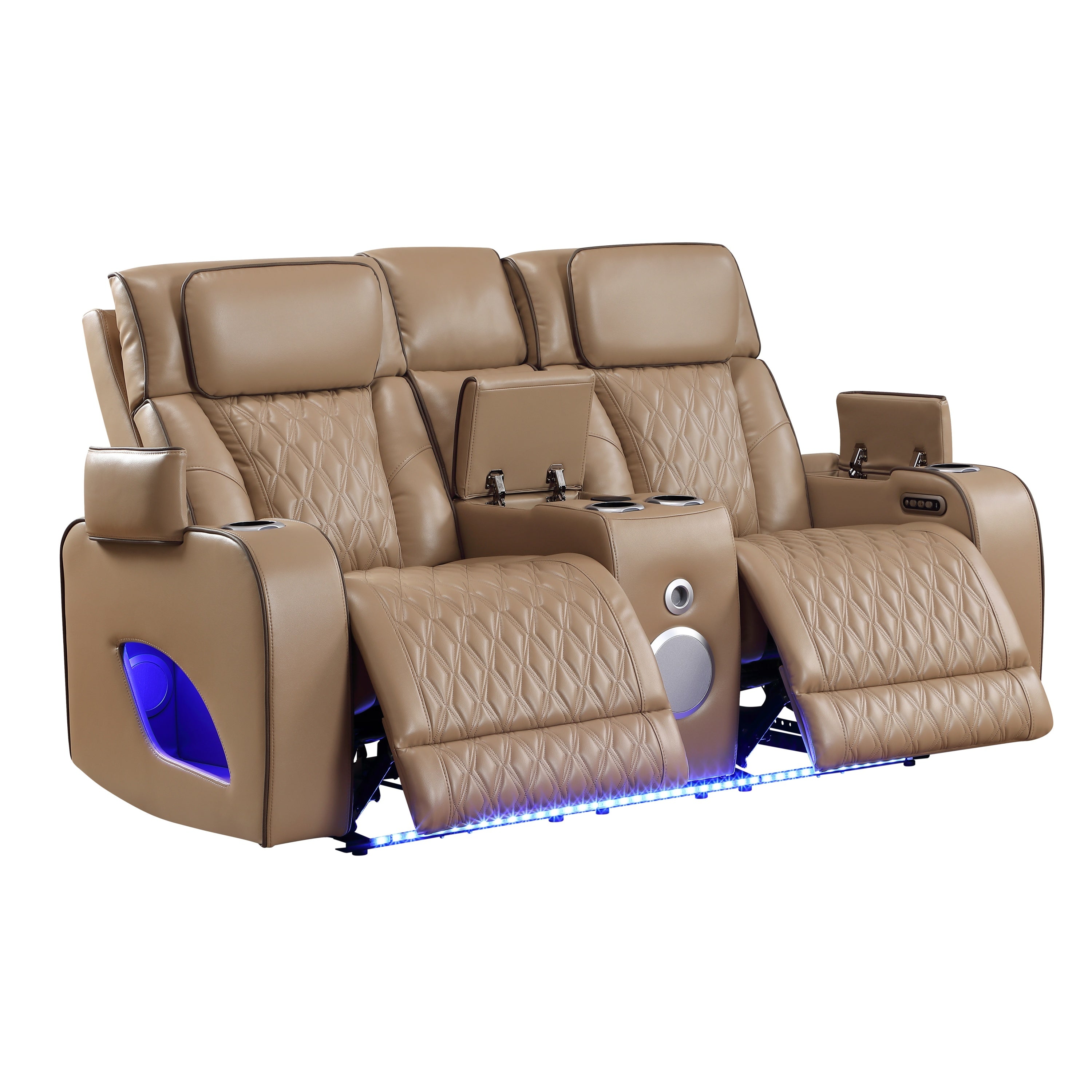 Fortuner Power Reclining 3Pc Living Room Set in Caramel Faux Leather with LED Lights, Massage Function, Bluetooth Speakers and Wireless Charging - Grand Goldman Shop