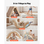 Pikler Triangle Set, 9-in-1 Toddler Climbing Toys Indoor, with 2 Wooden Cars, Cushion, Triangle, Arch, and Ramp, 150 lbs Load