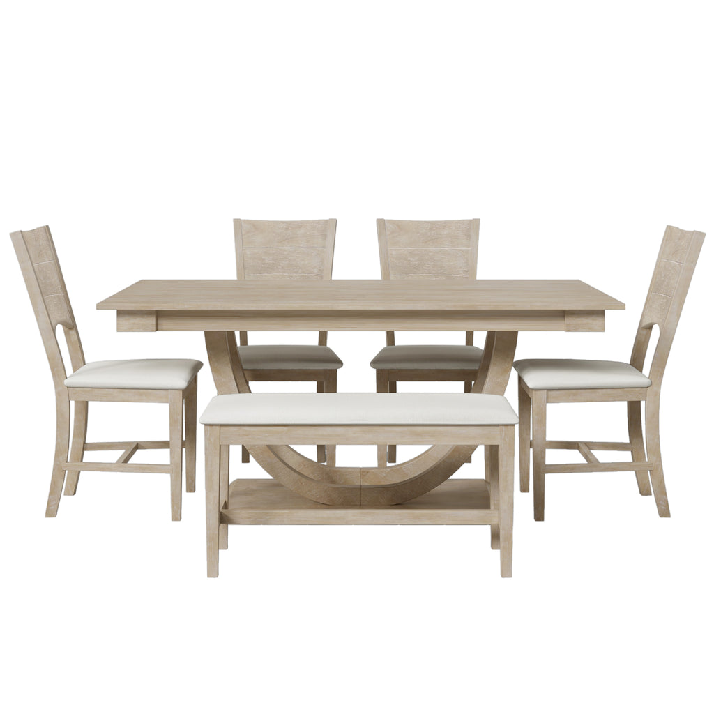 TOPMAX Modern Style Natural Wood 6-Piece Dining Table Set with Bench and Chairs, Upholstered Seats, Rubberwood Frame - Grand Goldman Shop