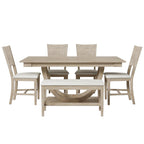 TOPMAX Modern Style Natural Wood 6-Piece Dining Table Set with Bench and Chairs, Upholstered Seats, Rubberwood Frame - Grand Goldman Shop
